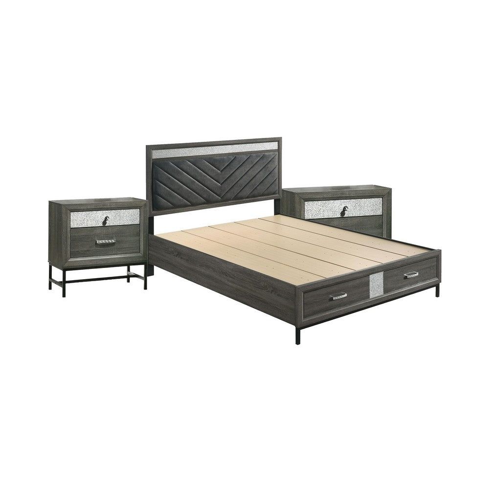 Queen Bedroom Set, Gray, Silver, Black Wood, 3 Piece Set with 2 Nightstands