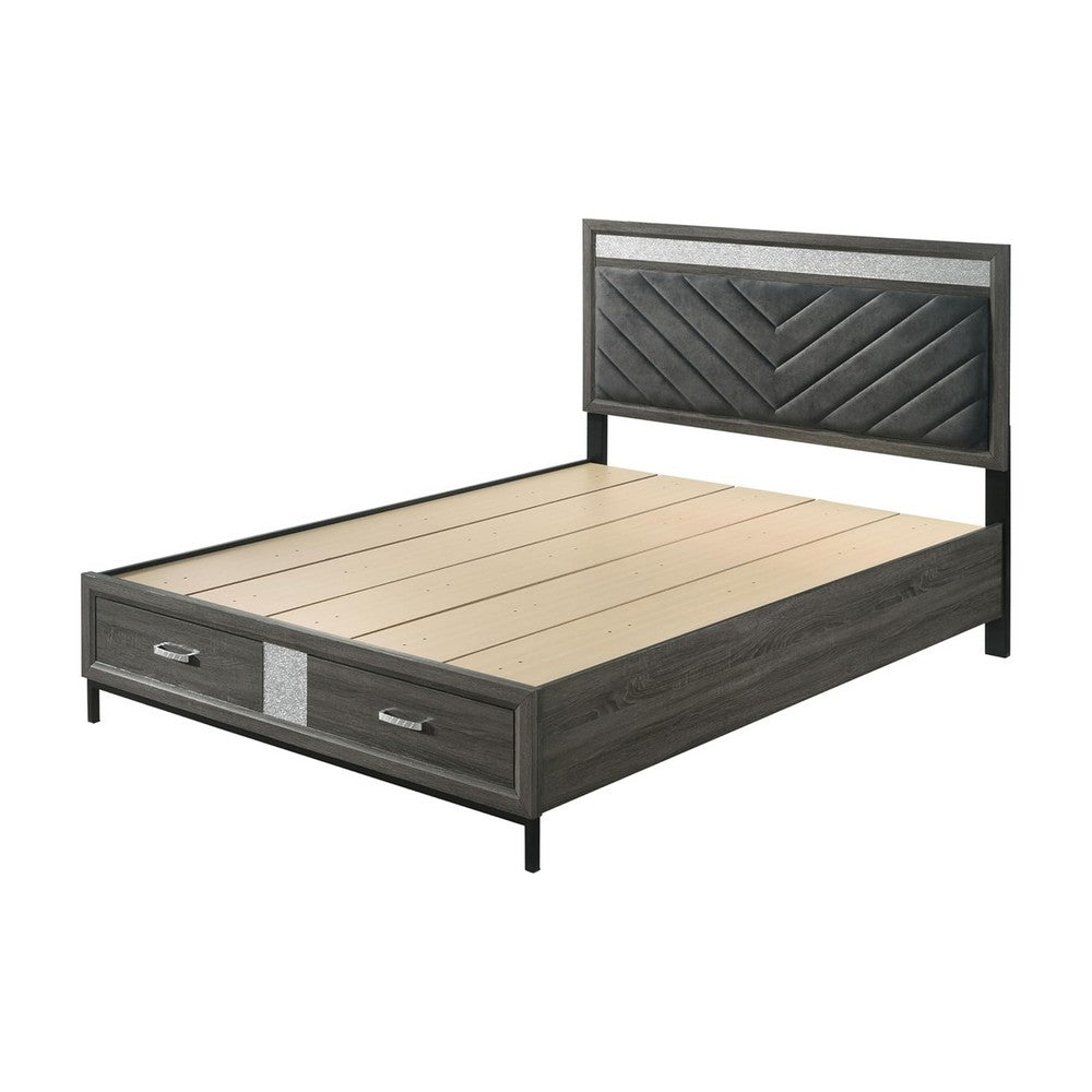 Queen Bedroom Set, Gray, Silver, Black Wood, 3 Piece Set with 2 Nightstands