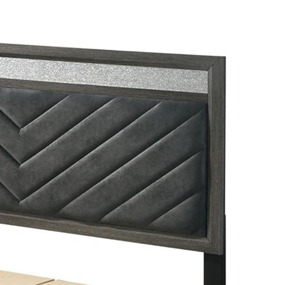 Queen Bedroom Set, Gray, Silver, Black Wood, 3 Piece Set with 2 Nightstands