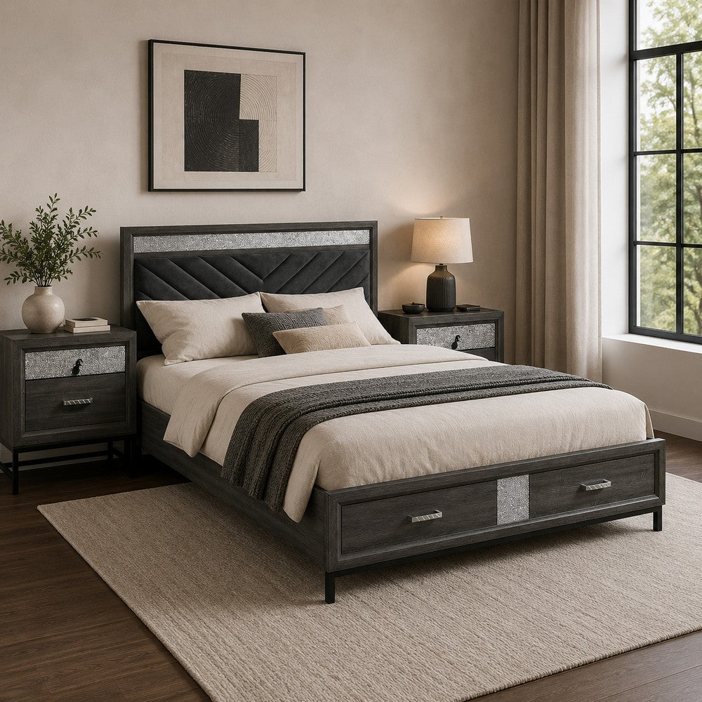Queen Bedroom Set, Gray, Silver, Black Wood, 3 Piece Set with 2 Nightstands