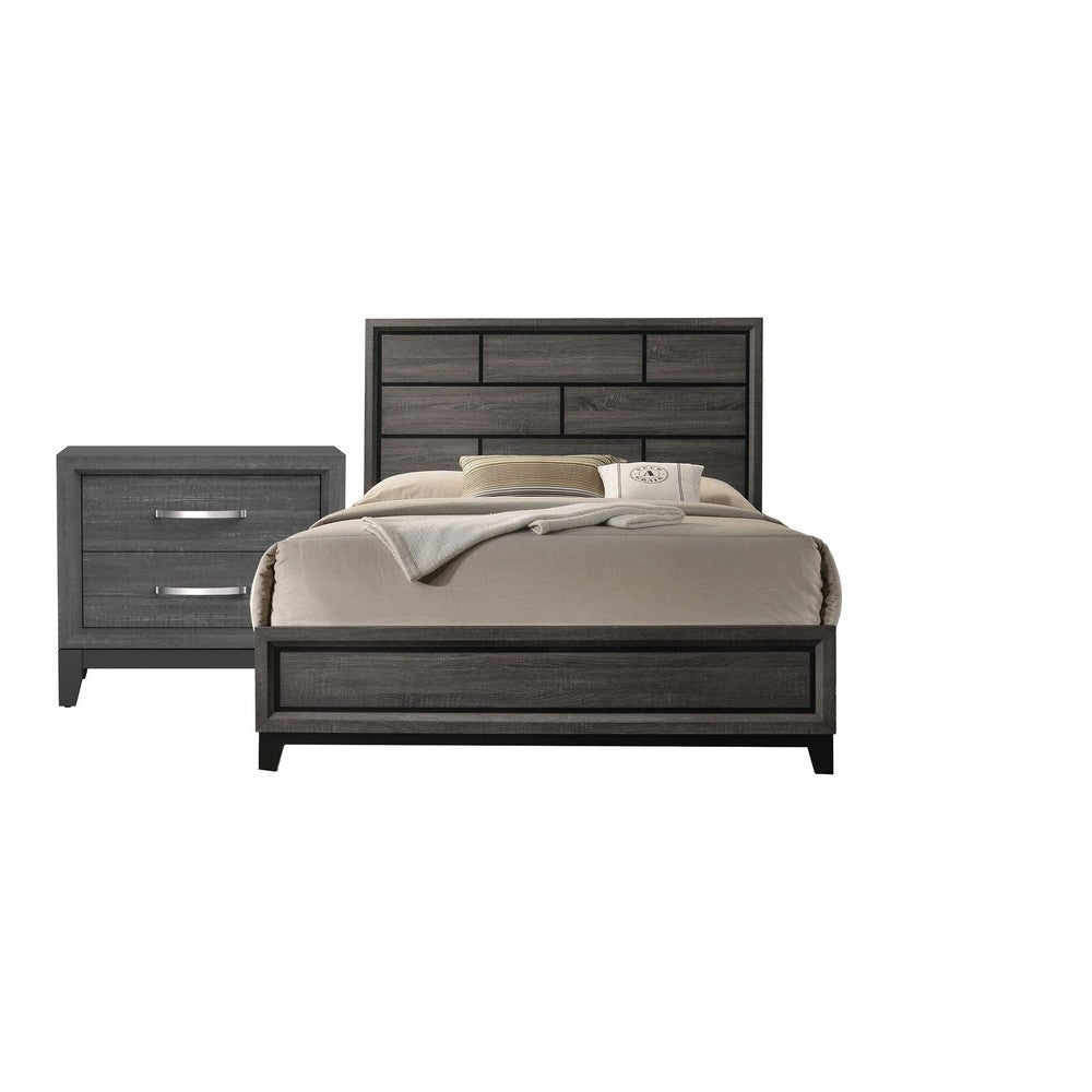 Queen Bedroom Set, Gray, Black Wood, 2 Piece Set with Nightstand