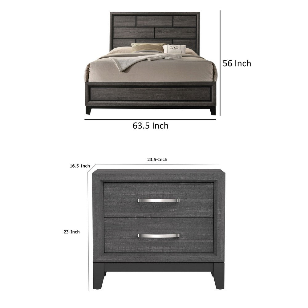 Queen Bedroom Set, Gray, Black Wood, 2 Piece Set with Nightstand