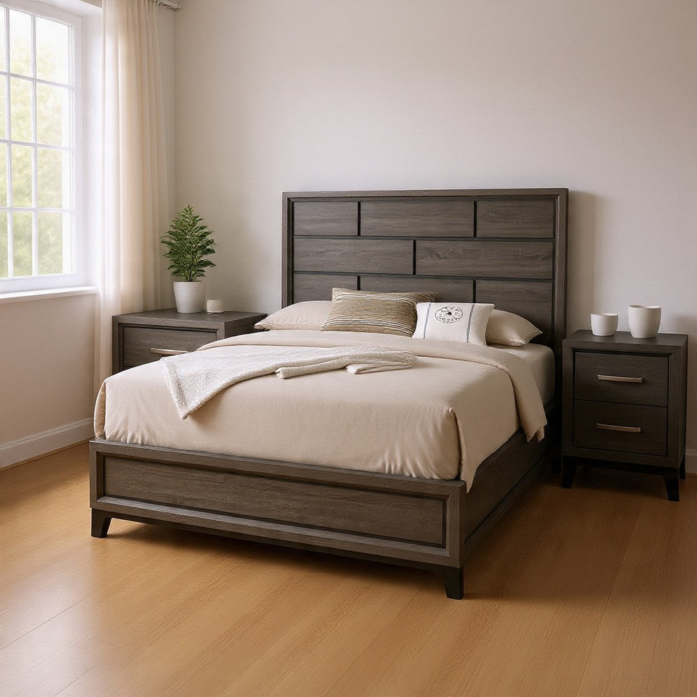 Queen Bedroom Set, Gray, Black Wood, 2 Piece Set with Nightstand