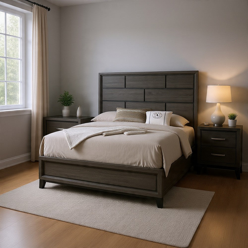 Queen Bedroom Set, Gray, Black Wood, 2 Piece Set with Nightstand