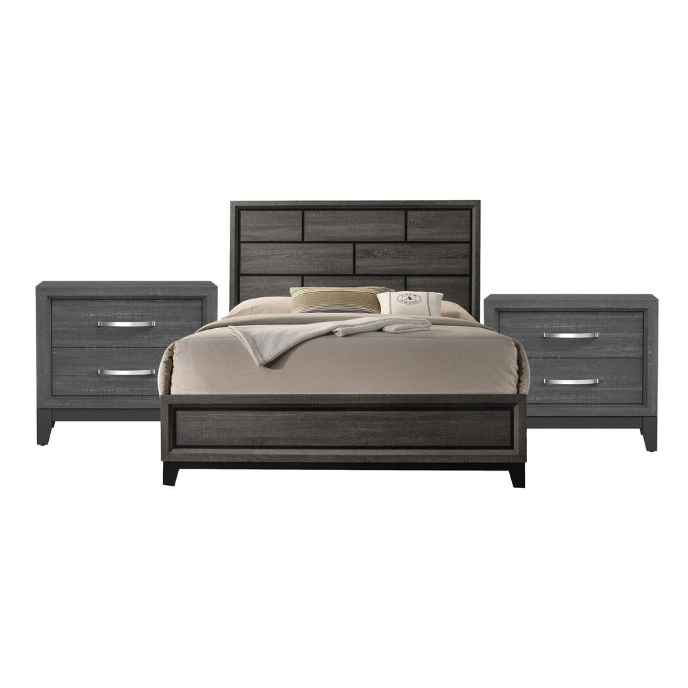 Queen Bedroom Set, Gray, Black Wood, 3 Piece Set with 2 Nightstands