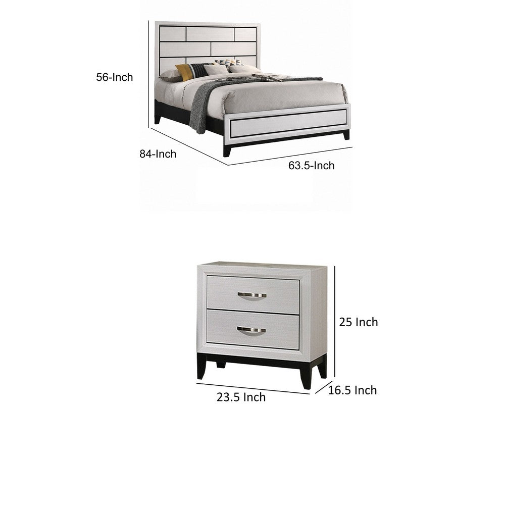 Queen Bedroom Set, White, Black, Nickel Wood, 3 Piece Set with 2 Nightstands