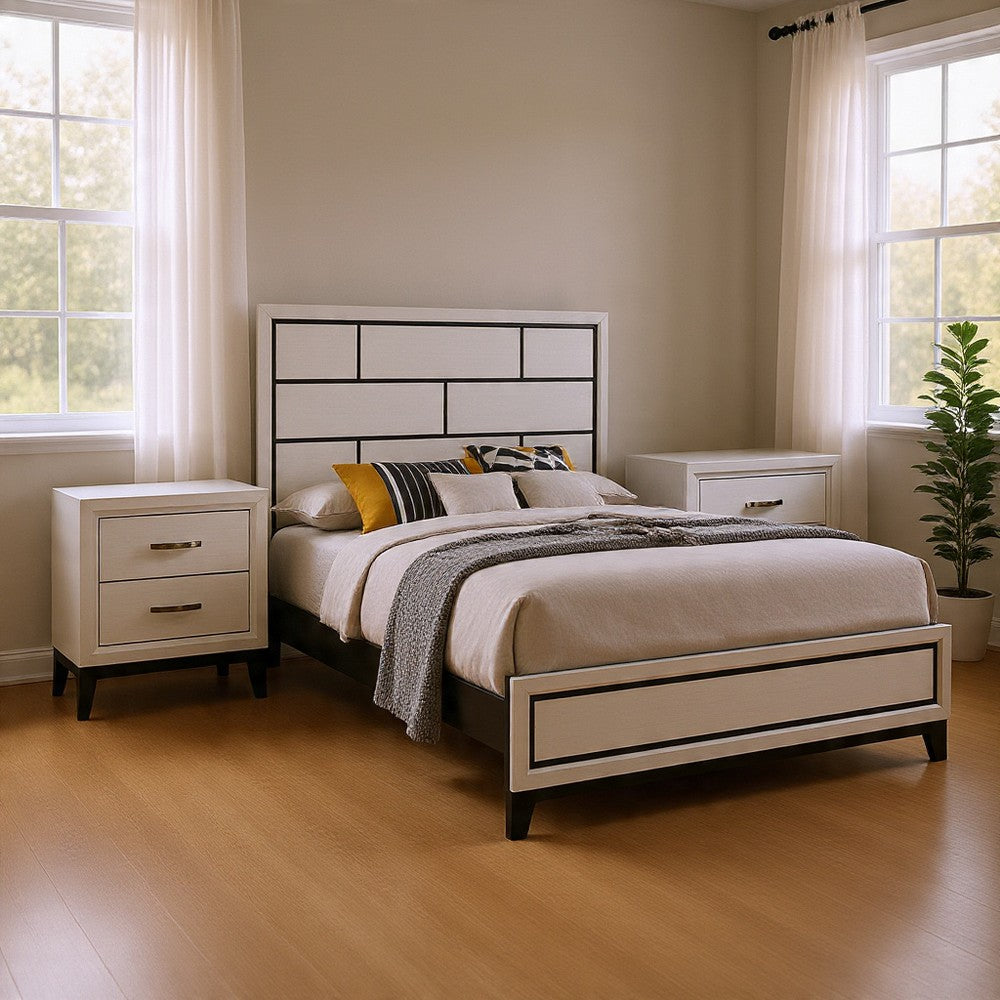 Queen Bedroom Set, White, Black, Nickel Wood, 3 Piece Set with 2 Nightstands