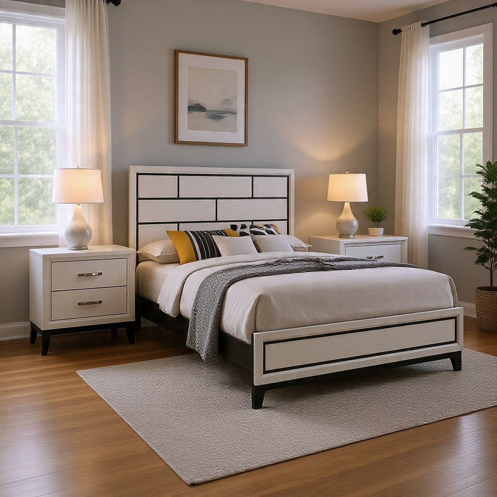 Queen Bedroom Set, White, Black, Nickel Wood, 3 Piece Set with 2 Nightstands