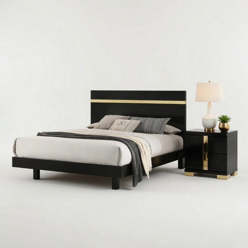 Queen Bedroom Set, Black, Gold Wood, 2 Piece Set with Nightstand