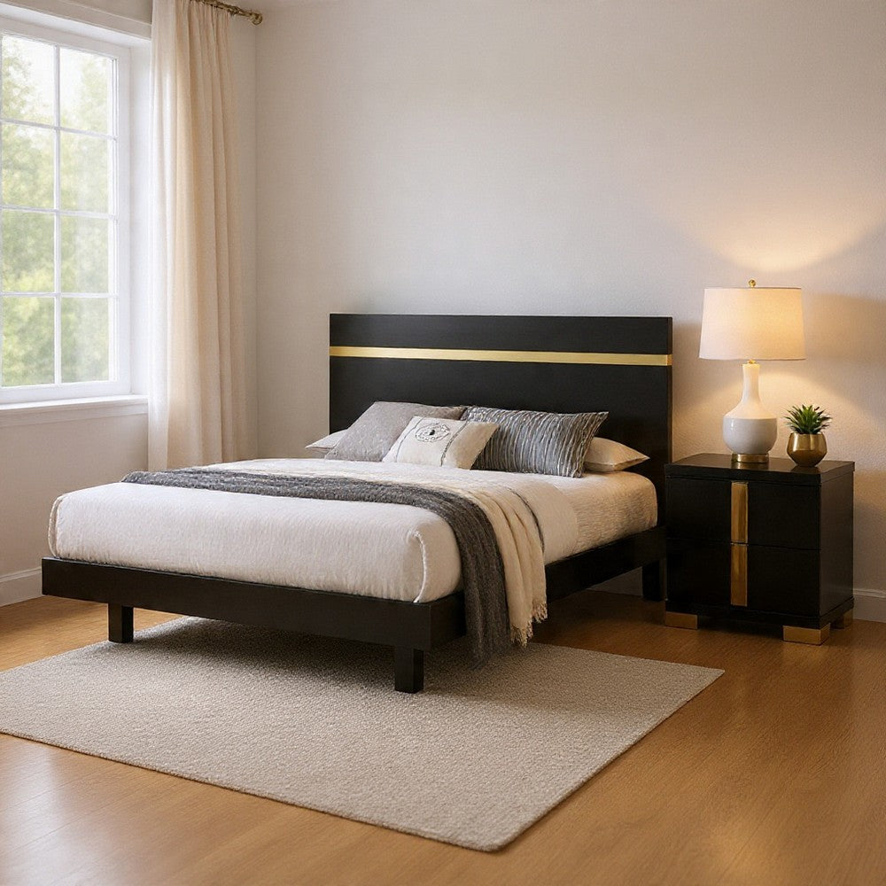Queen Bedroom Set, Black, Gold Wood, 2 Piece Set with Nightstand