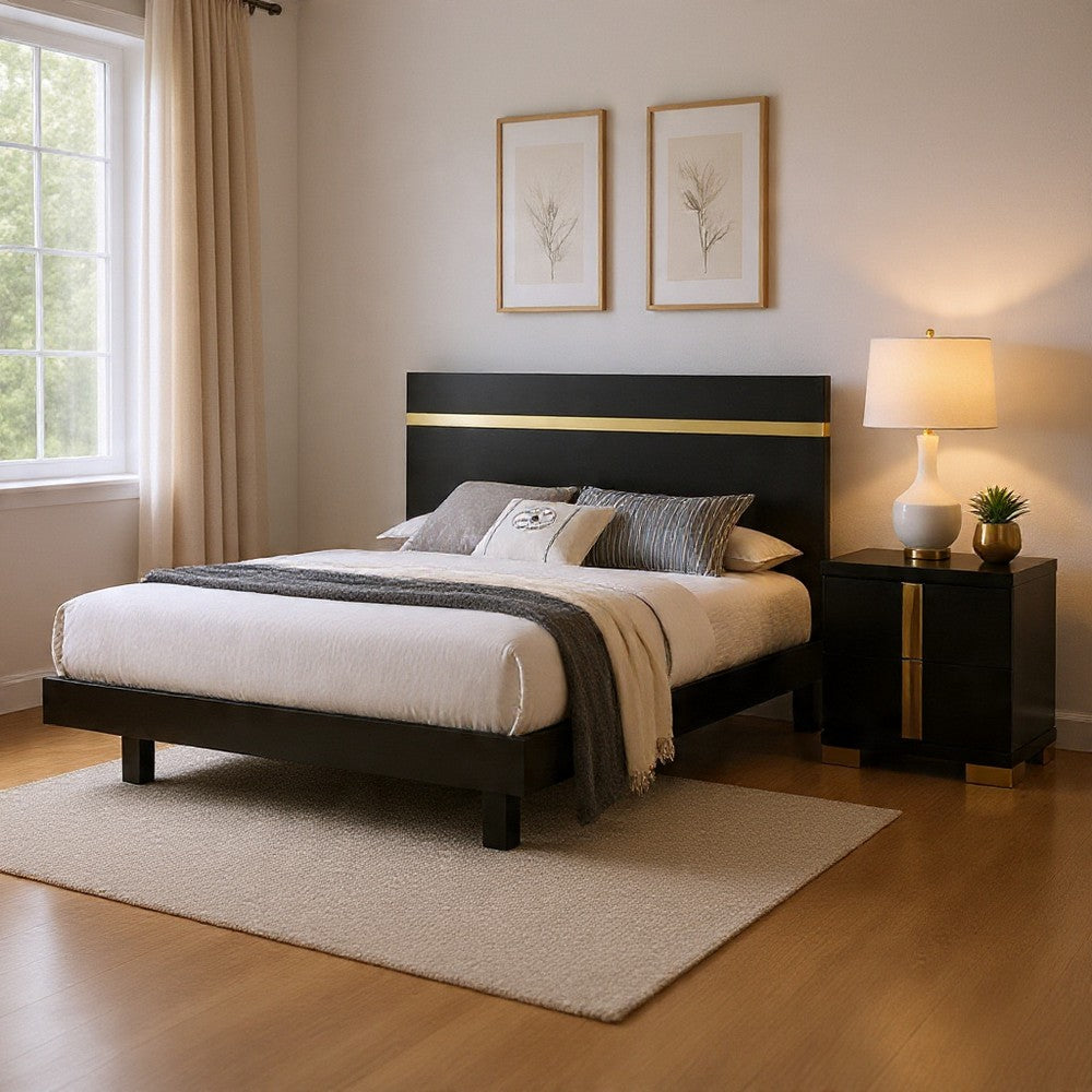 Queen Bedroom Set, Black, Gold Wood, 2 Piece Set with Nightstand