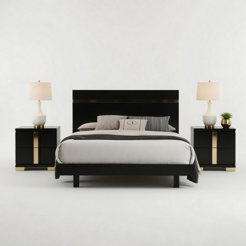 Queen Bedroom Set, Black, Gold Wood, 3 Piece Set with 2 Nightstands