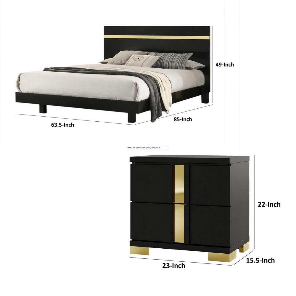 Queen Bedroom Set, Black, Gold Wood, 3 Piece Set with 2 Nightstands