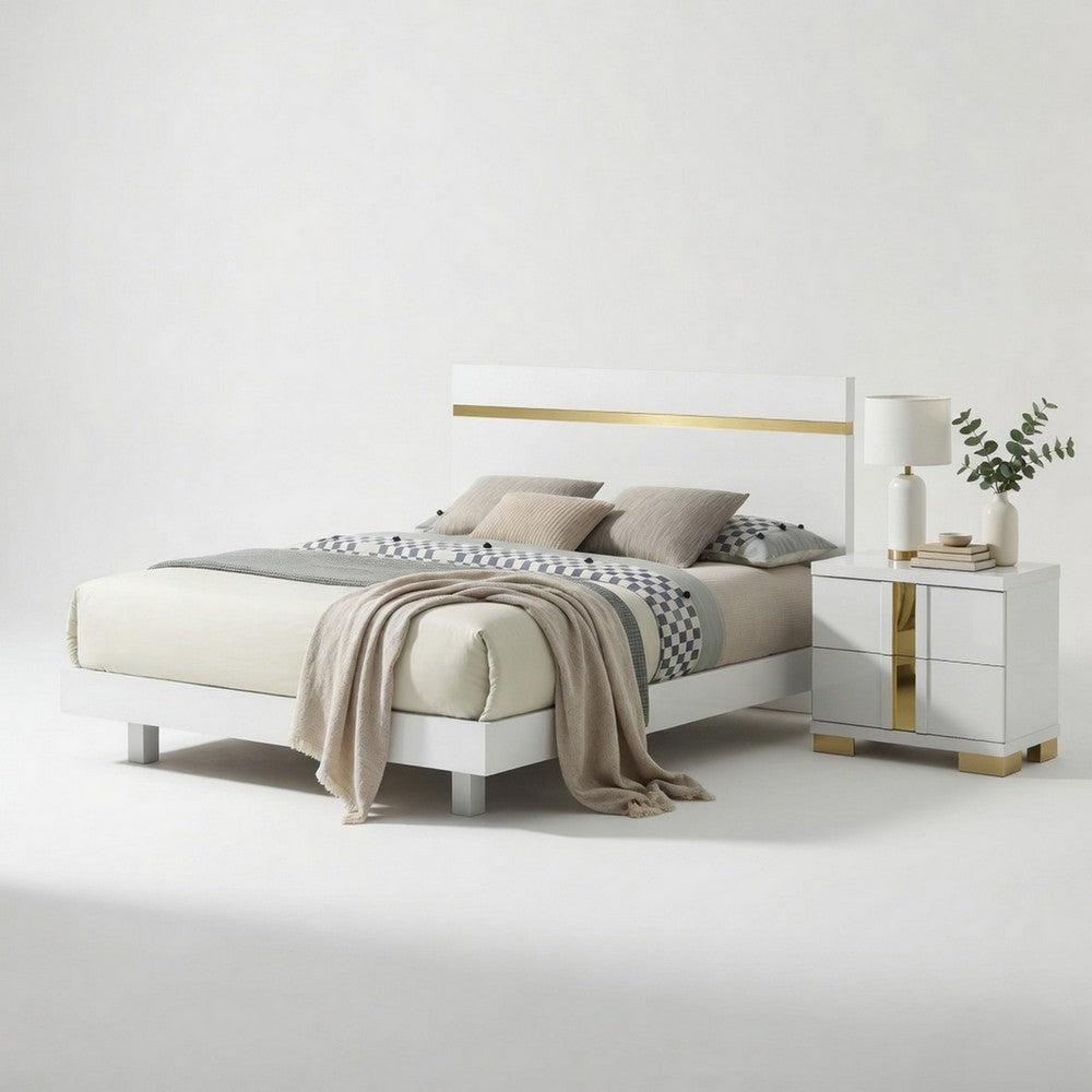 Queen Bedroom Set, White, Gold Wood, 2 Piece Set with Nightstand