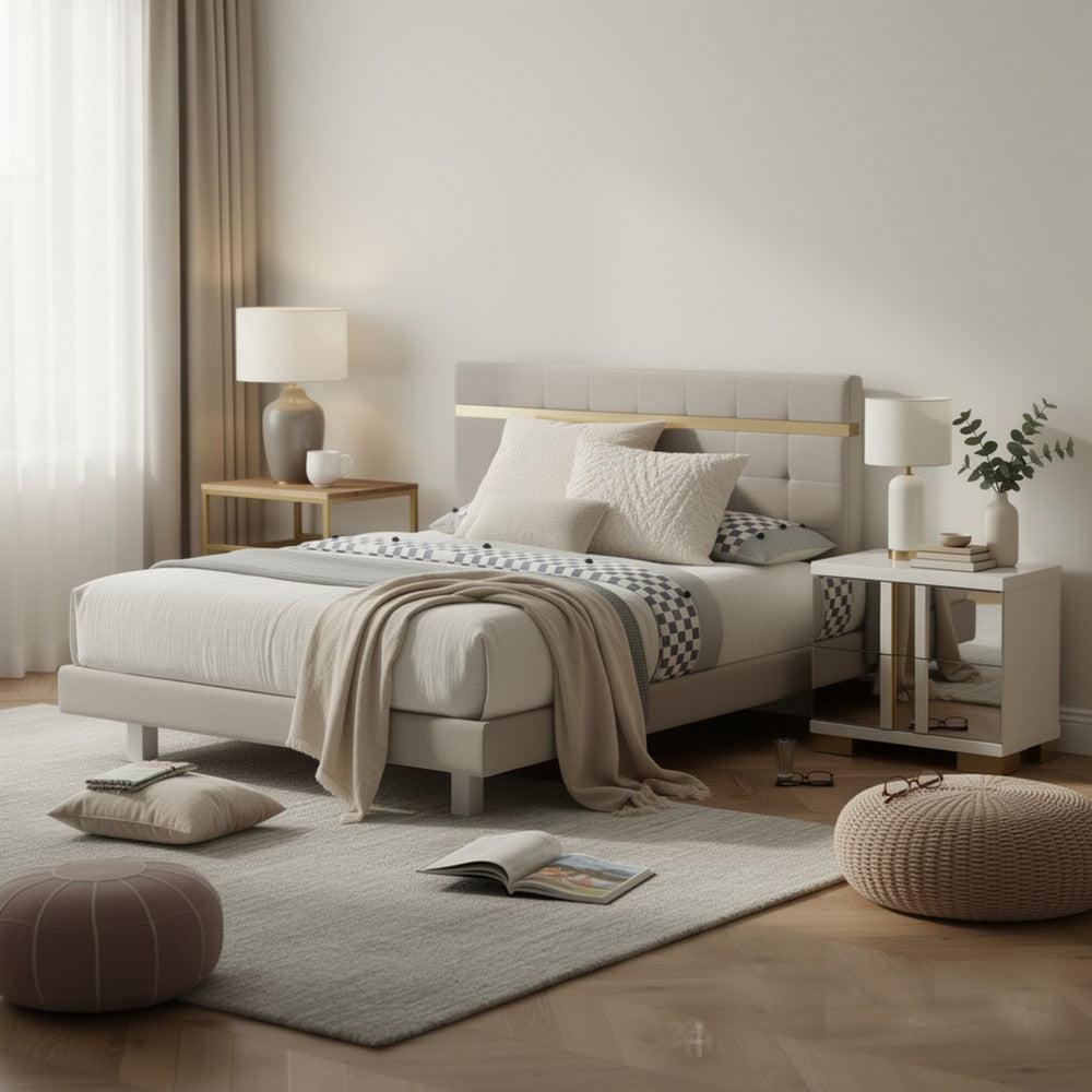 Queen Bedroom Set, White, Gold Wood, 2 Piece Set with Nightstand