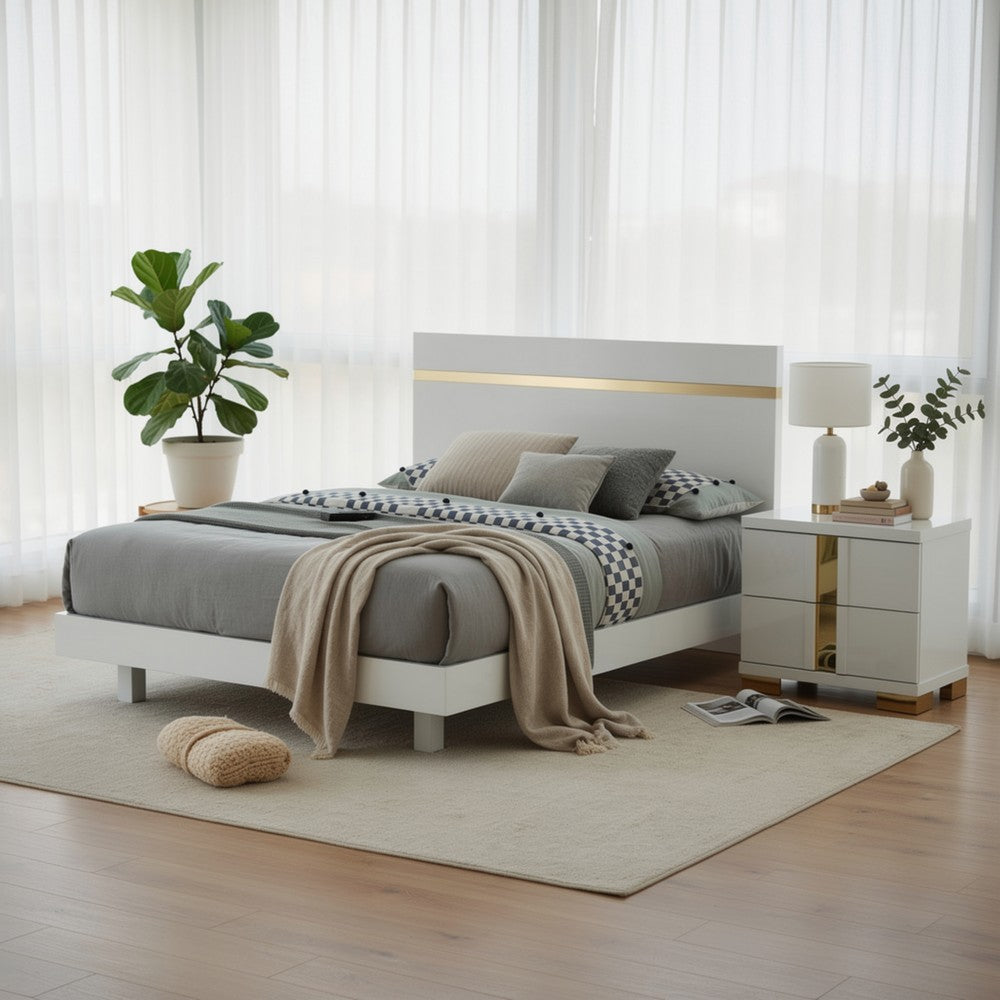 Queen Bedroom Set, White, Gold Wood, 2 Piece Set with Nightstand