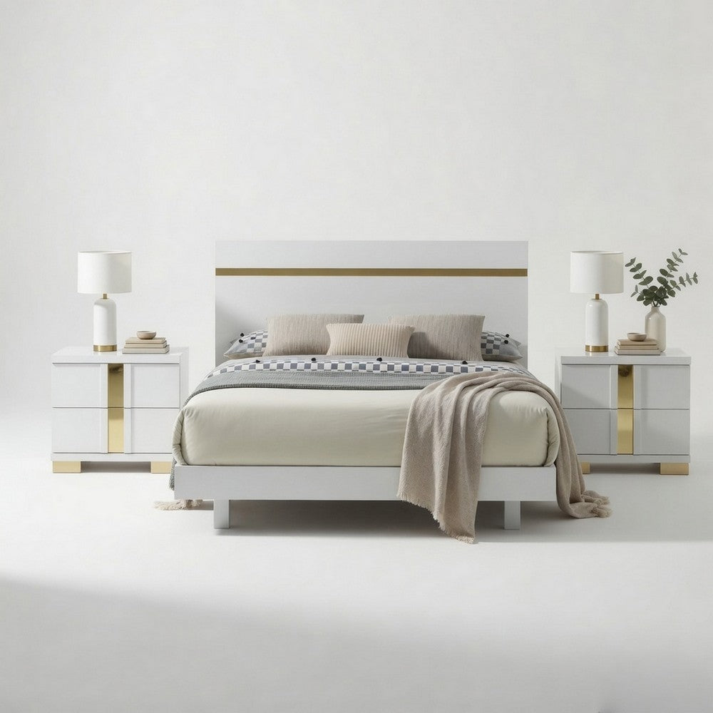 Queen Bedroom Set, White, Gold Wood, 3 Piece Set with 2 Nightstands