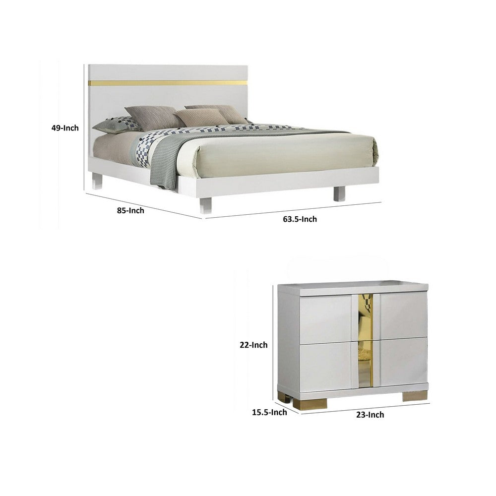 Queen Bedroom Set, White, Gold Wood, 3 Piece Set with 2 Nightstands