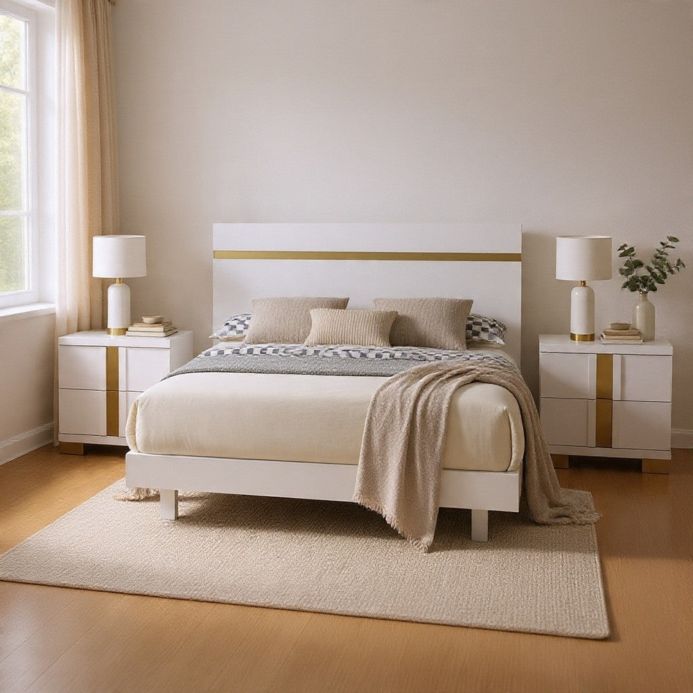 Queen Bedroom Set, White, Gold Wood, 3 Piece Set with 2 Nightstands