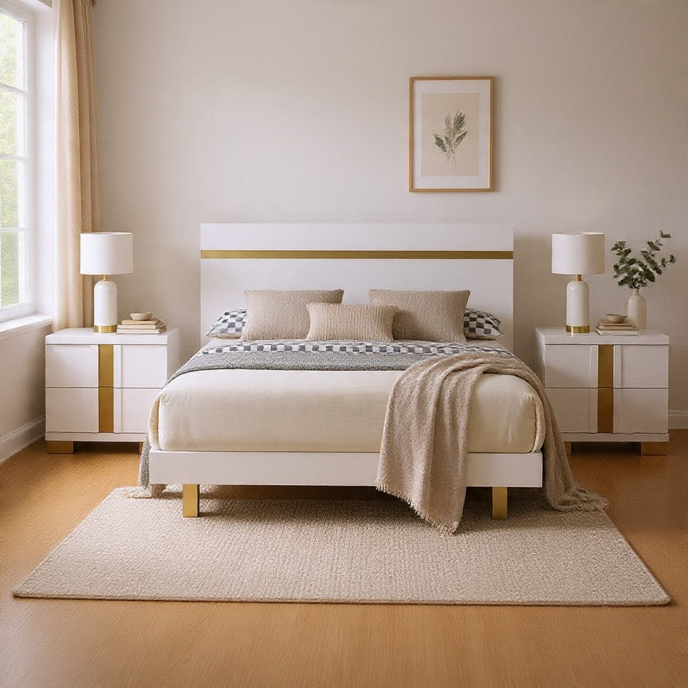 Queen Bedroom Set, White, Gold Wood, 3 Piece Set with 2 Nightstands