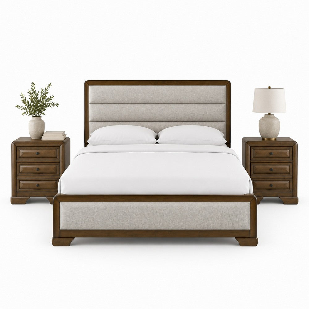 Queen Bedroom Set, Brown, Bronze, Light Gray Wood, 3 Piece Set with 2 Nightstands