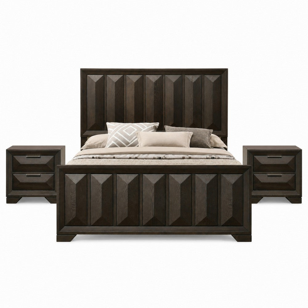 Queen Bedroom Set, Espresso Brown, Nickel Wood, 3 Piece Set with 2 Nightstands