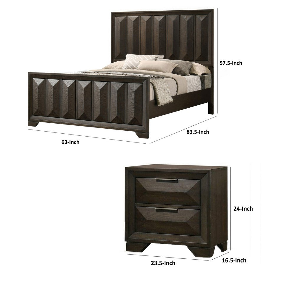 Queen Bedroom Set, Espresso Brown, Nickel Wood, 3 Piece Set with 2 Nightstands