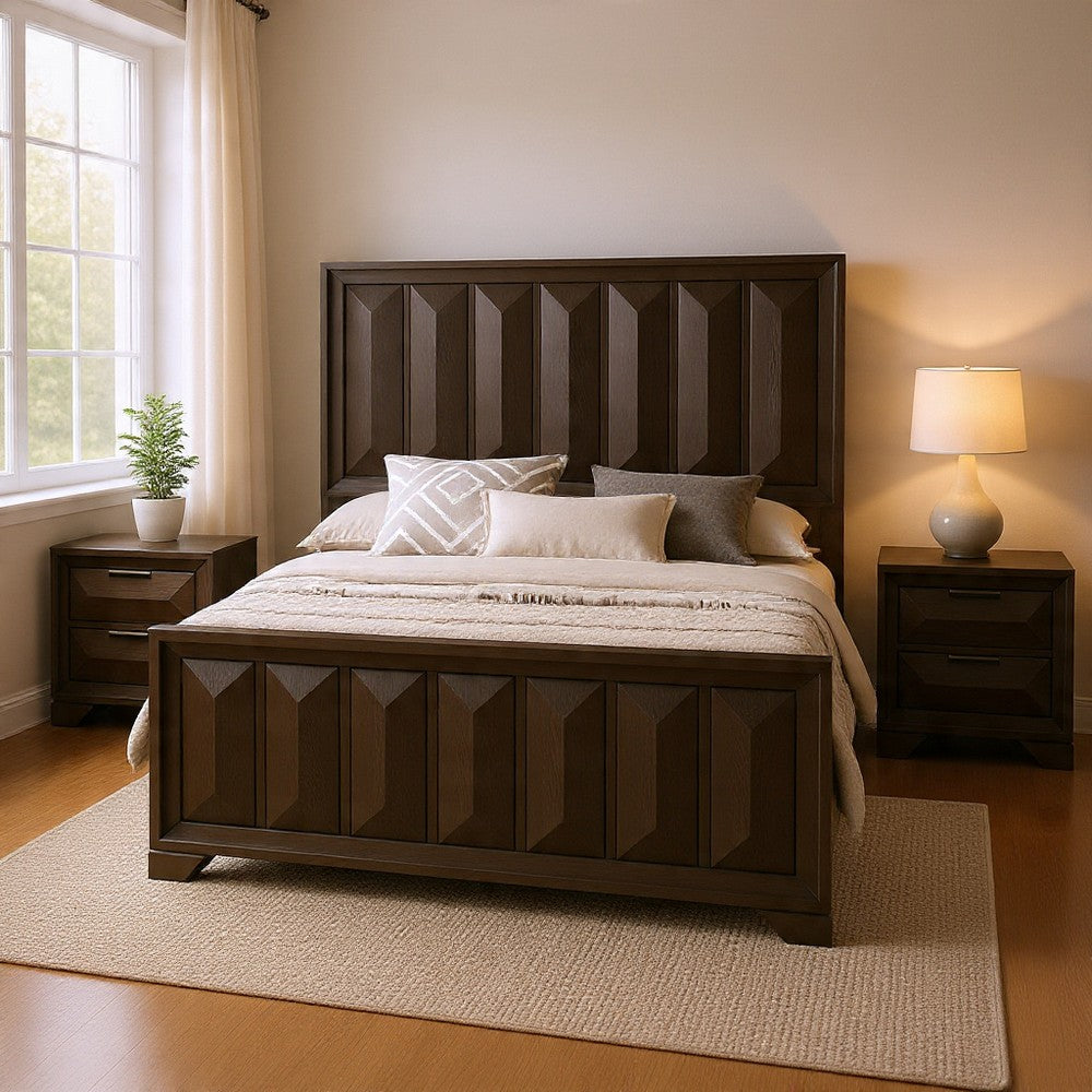 Queen Bedroom Set, Espresso Brown, Nickel Wood, 3 Piece Set with 2 Nightstands