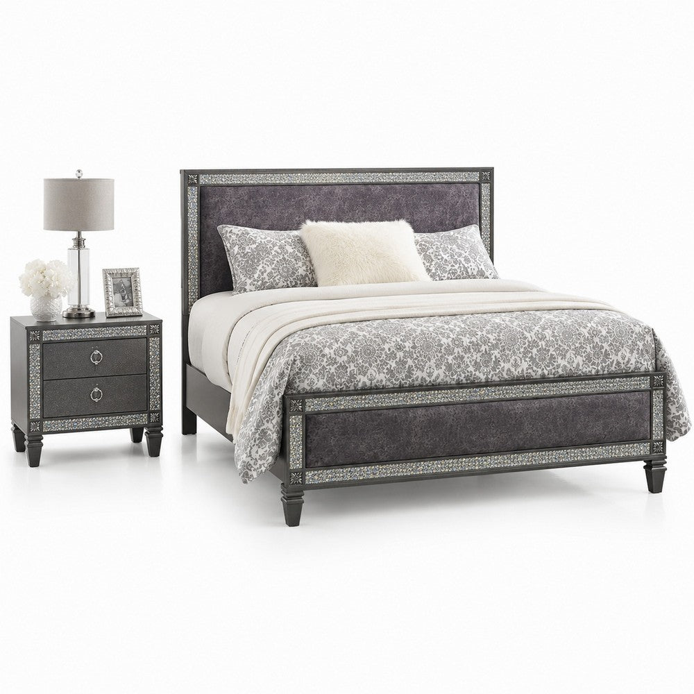 Queen Bedroom Set, Gray, Nickel Wood, 2 Piece Set with Nightstand