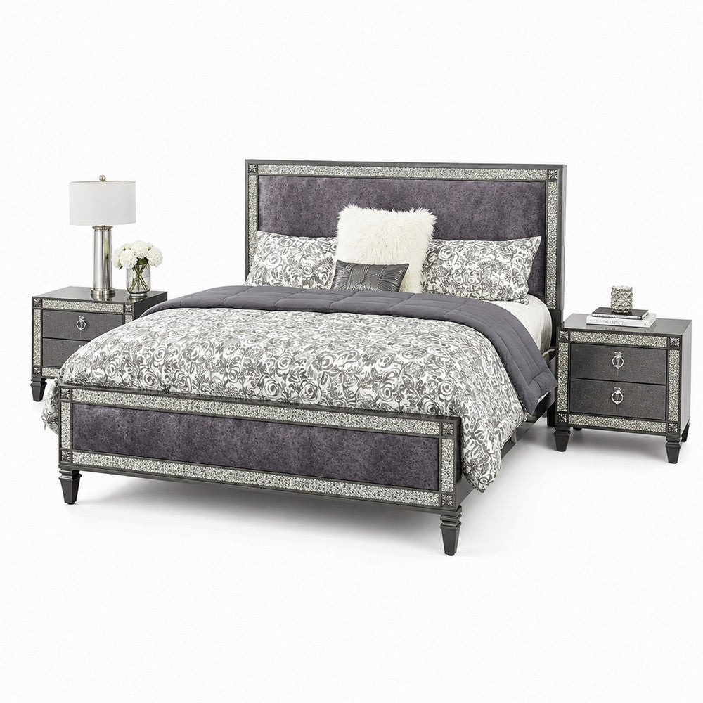 Queen Bedroom Set, Gray, Nickel Wood, 3 Piece Set with 2 Nightstands