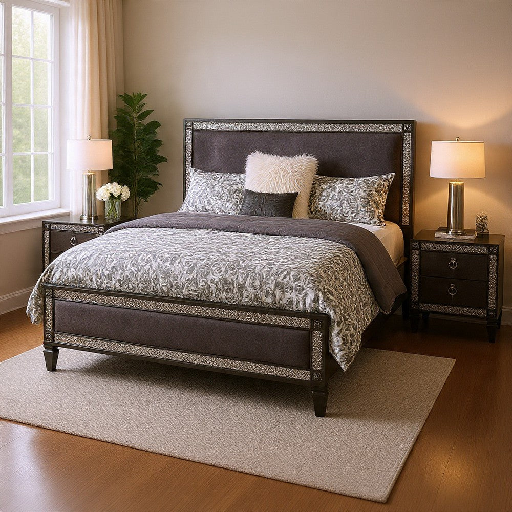 Queen Bedroom Set, Gray, Nickel Wood, 3 Piece Set with 2 Nightstands