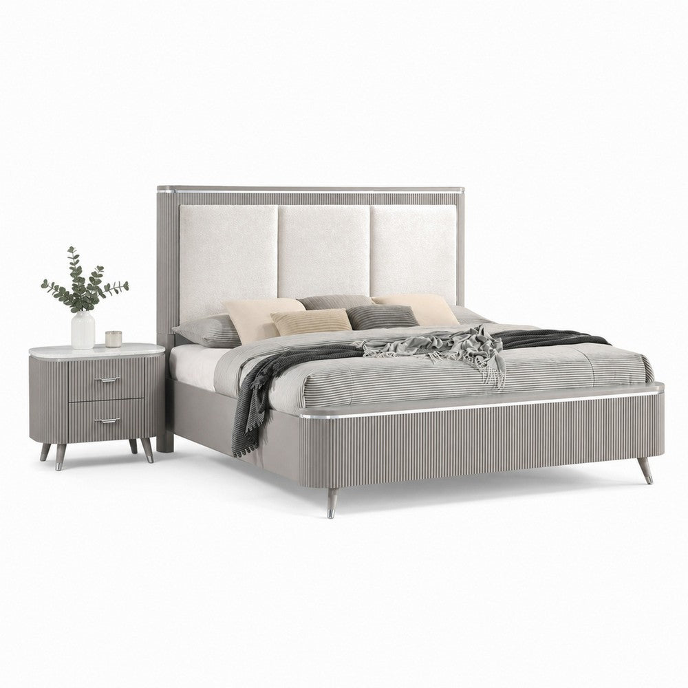Queen Bedroom Set, Light Gray, Silver, White, Chrome Wood, 2 Piece Set with Nightstand