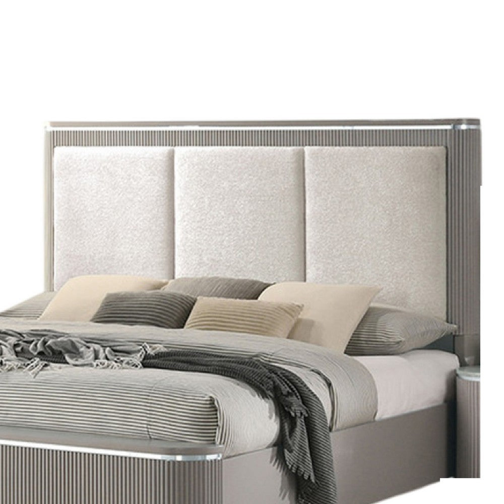 Queen Bedroom Set, Light Gray, Silver, White, Chrome Wood, 2 Piece Set with Nightstand