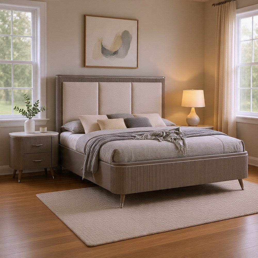 Queen Bedroom Set, Light Gray, Silver, White, Chrome Wood, 2 Piece Set with Nightstand