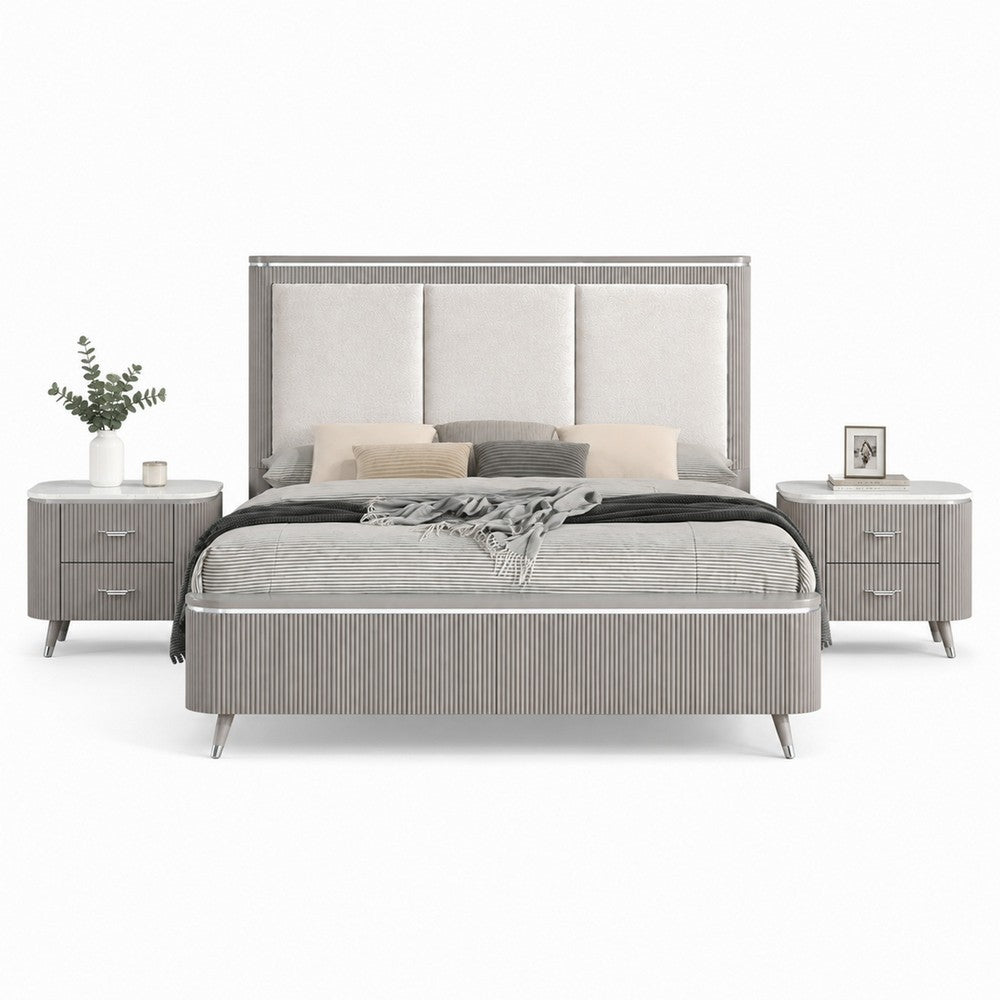 Queen Bedroom Set, Light Gray, Silver, White, Chrome Wood, 3 Piece Set with 2 Nightstands