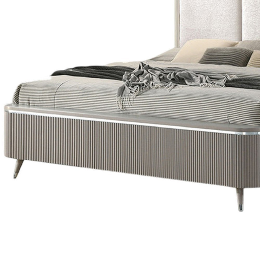 Queen Bedroom Set, Light Gray, Silver, White, Chrome Wood, 3 Piece Set with 2 Nightstands