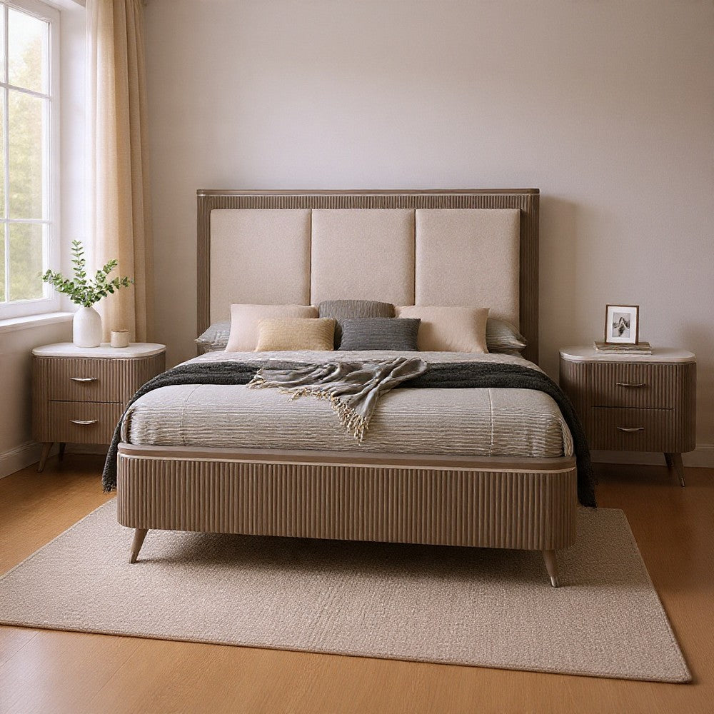 Queen Bedroom Set, Light Gray, Silver, White, Chrome Wood, 3 Piece Set with 2 Nightstands