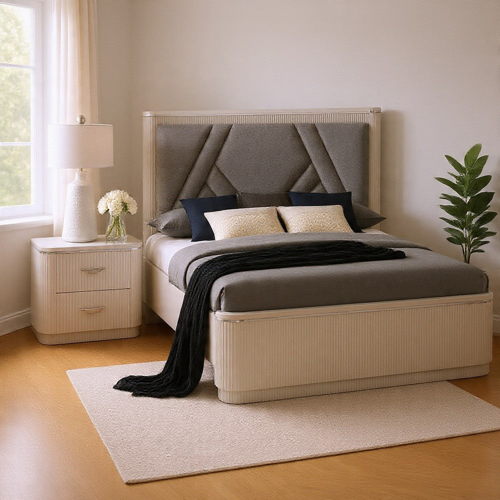 Queen Bedroom Set, Light Gray, Silver, Black, Chrome Wood, 2 Piece Set with Nightstand