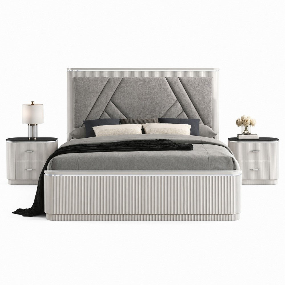 Queen Bedroom Set, Light Gray, Silver, Black, Chrome Wood, 3 Piece Set with 2 Nightstands