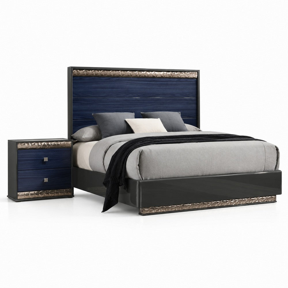Queen Bedroom Set, Ash Gray, Indigo Blue, Chrome Wood, 2 Piece Set with Nightstand