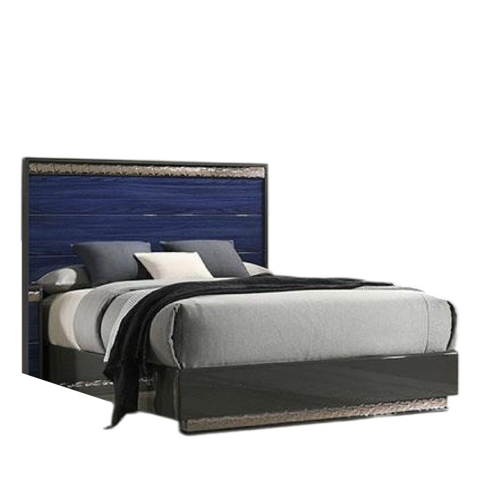 Queen Bedroom Set, Ash Gray, Indigo Blue, Chrome Wood, 2 Piece Set with Nightstand