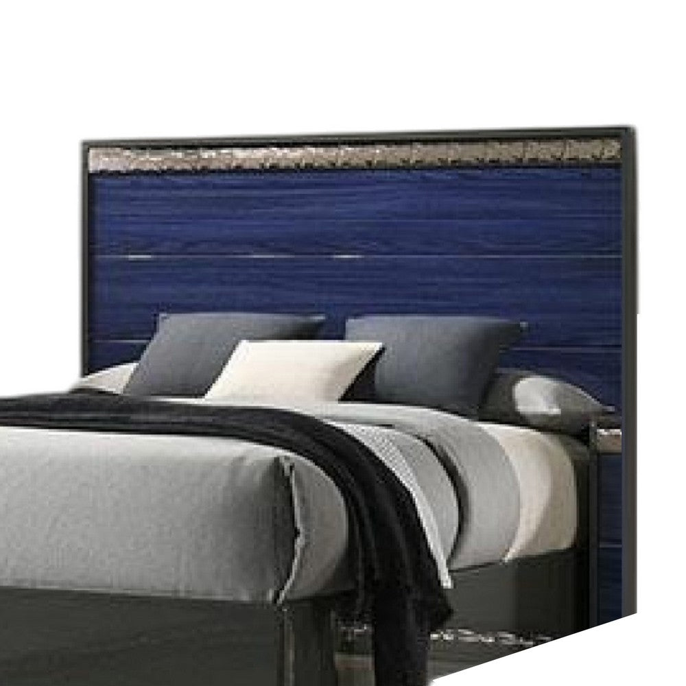 Queen Bedroom Set, Ash Gray, Indigo Blue, Chrome Wood, 2 Piece Set with Nightstand