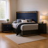 Queen Bedroom Set, Ash Gray, Indigo Blue, Chrome Wood, 2 Piece Set with Nightstand