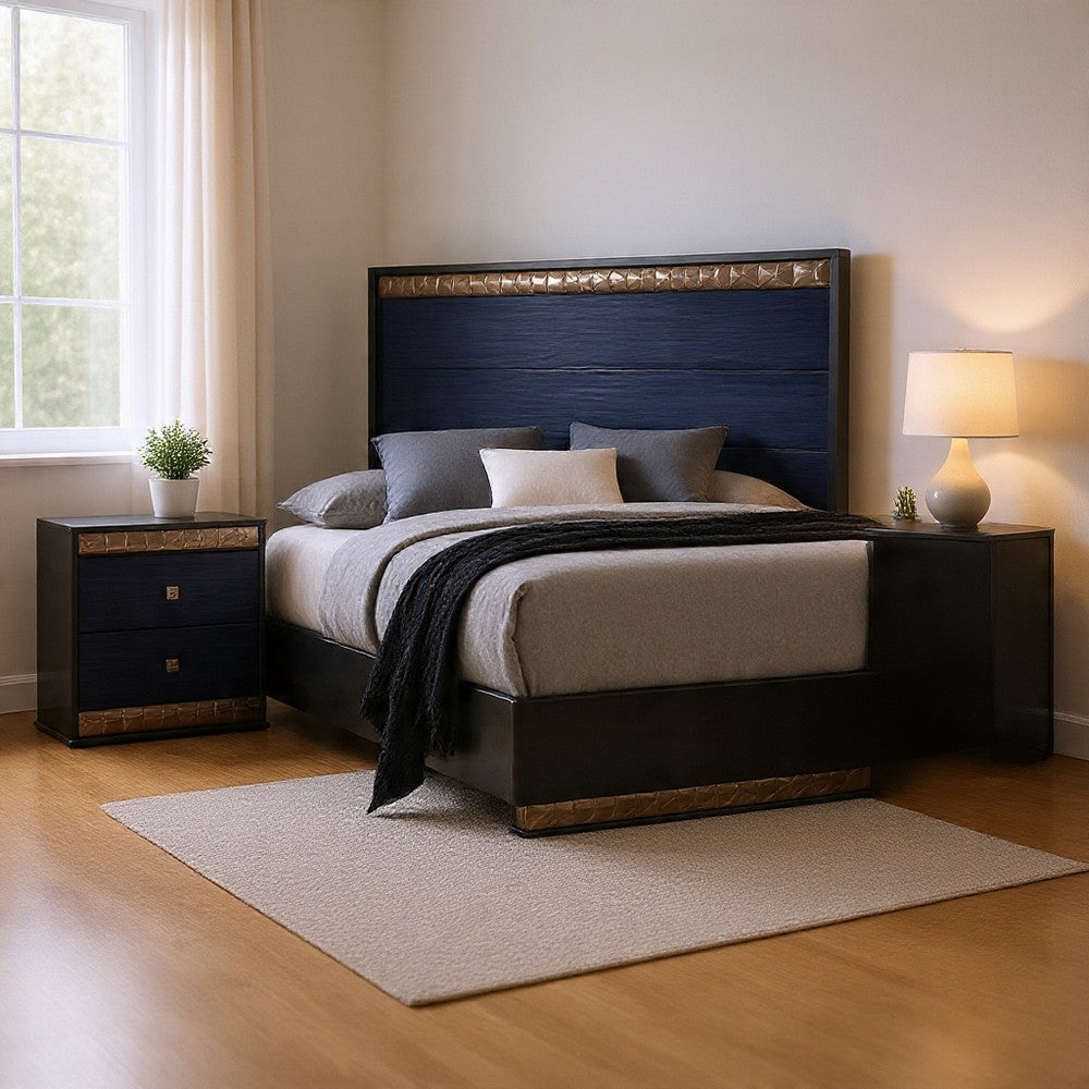 Queen Bedroom Set, Ash Gray, Indigo Blue, Chrome Wood, 2 Piece Set with Nightstand