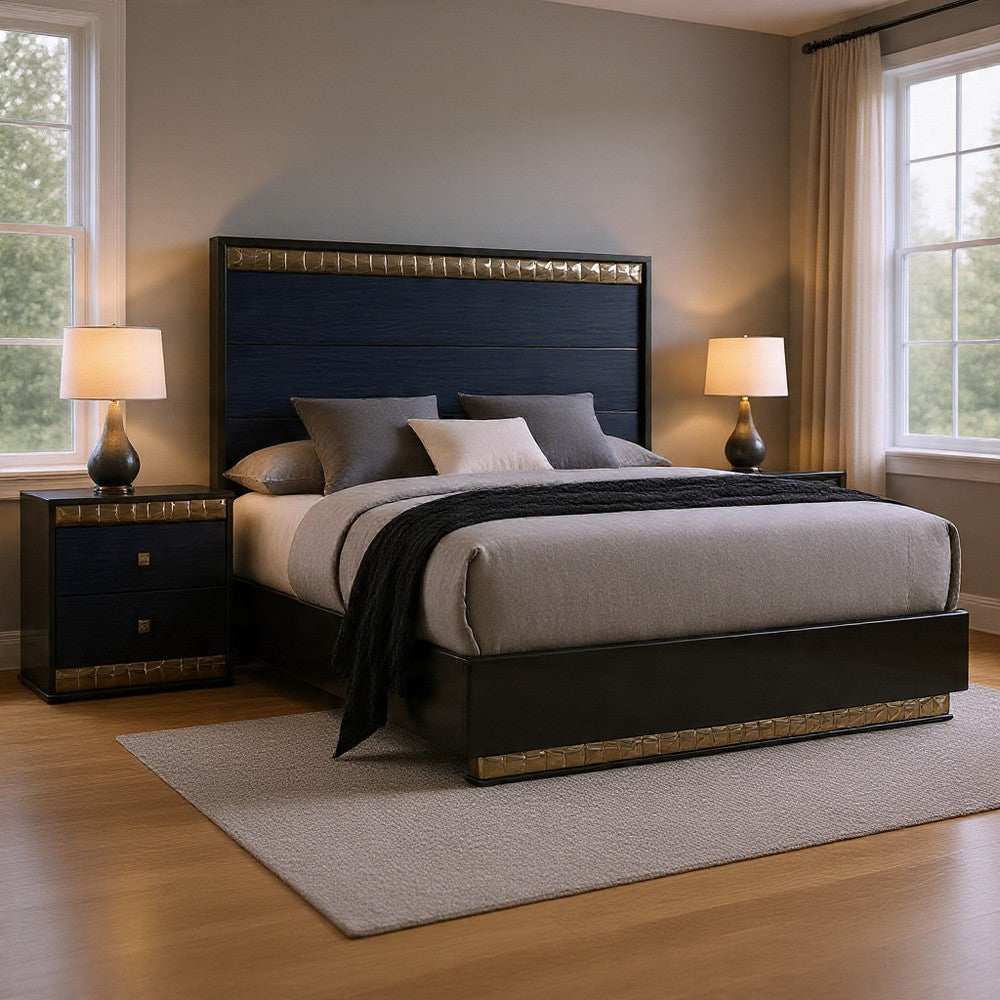 Queen Bedroom Set, Ash Gray, Indigo Blue, Chrome Wood, 2 Piece Set with Nightstand