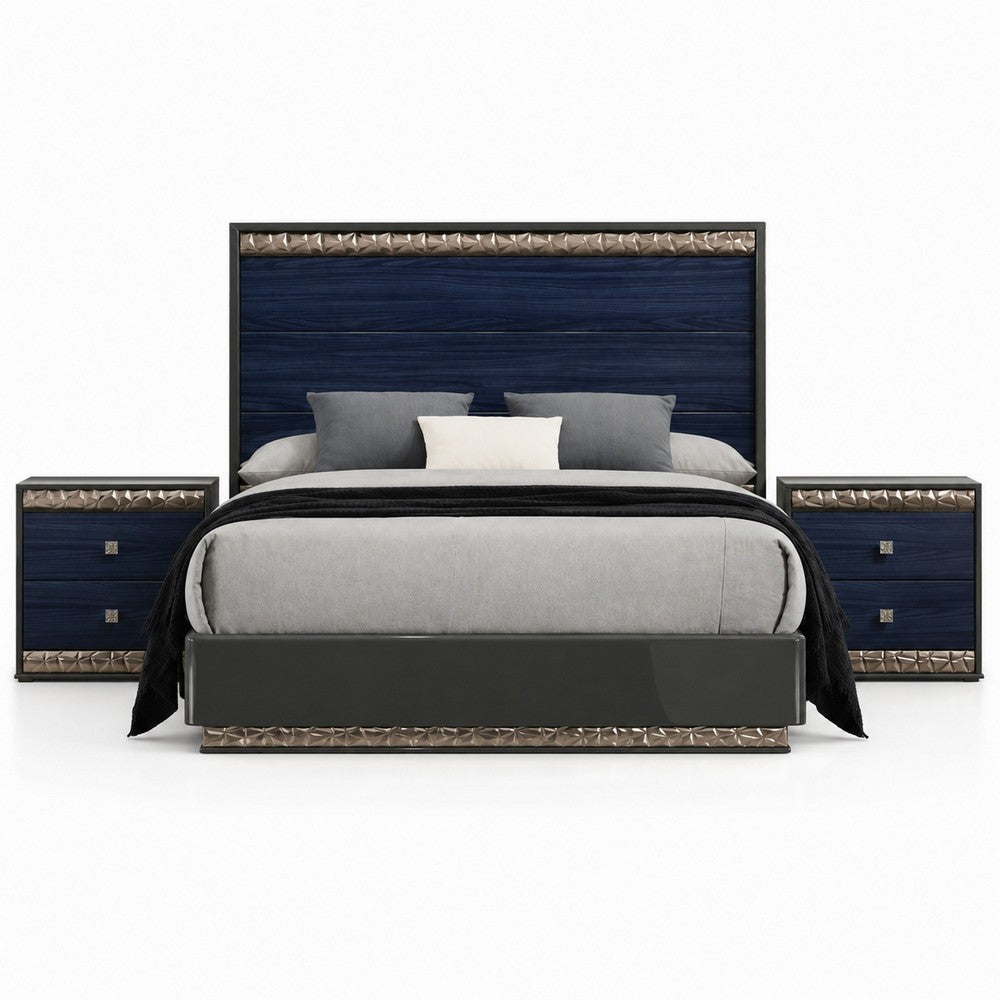 Queen Bedroom Set, Ash Gray, Indigo Blue, Chrome Wood, 3 Piece Set with 2 Nightstands