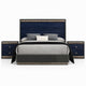Queen Bedroom Set, Ash Gray, Indigo Blue, Chrome Wood, 3 Piece Set with 2 Nightstands