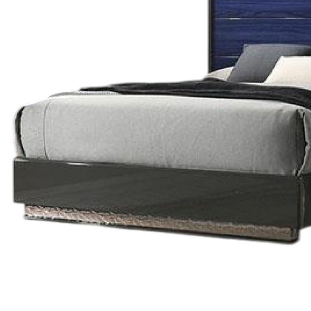 Queen Bedroom Set, Ash Gray, Indigo Blue, Chrome Wood, 3 Piece Set with 2 Nightstands