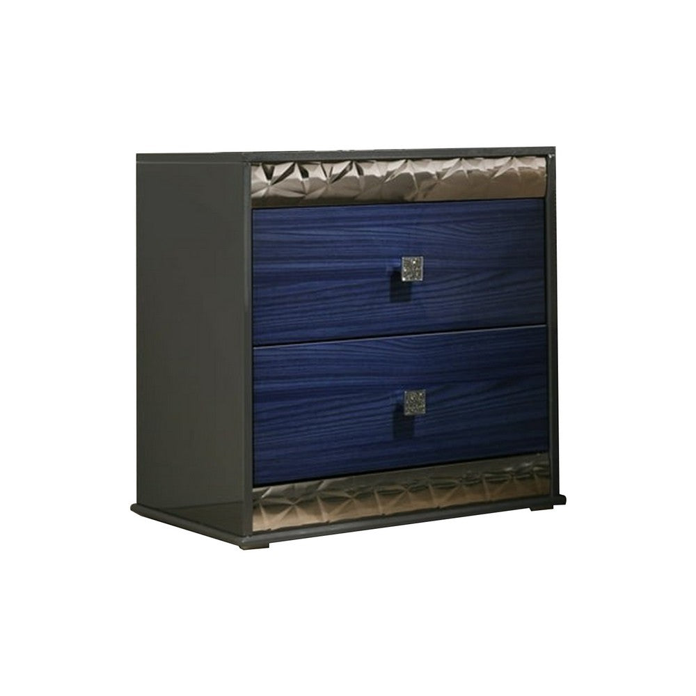 Queen Bedroom Set, Ash Gray, Indigo Blue, Chrome Wood, 3 Piece Set with 2 Nightstands