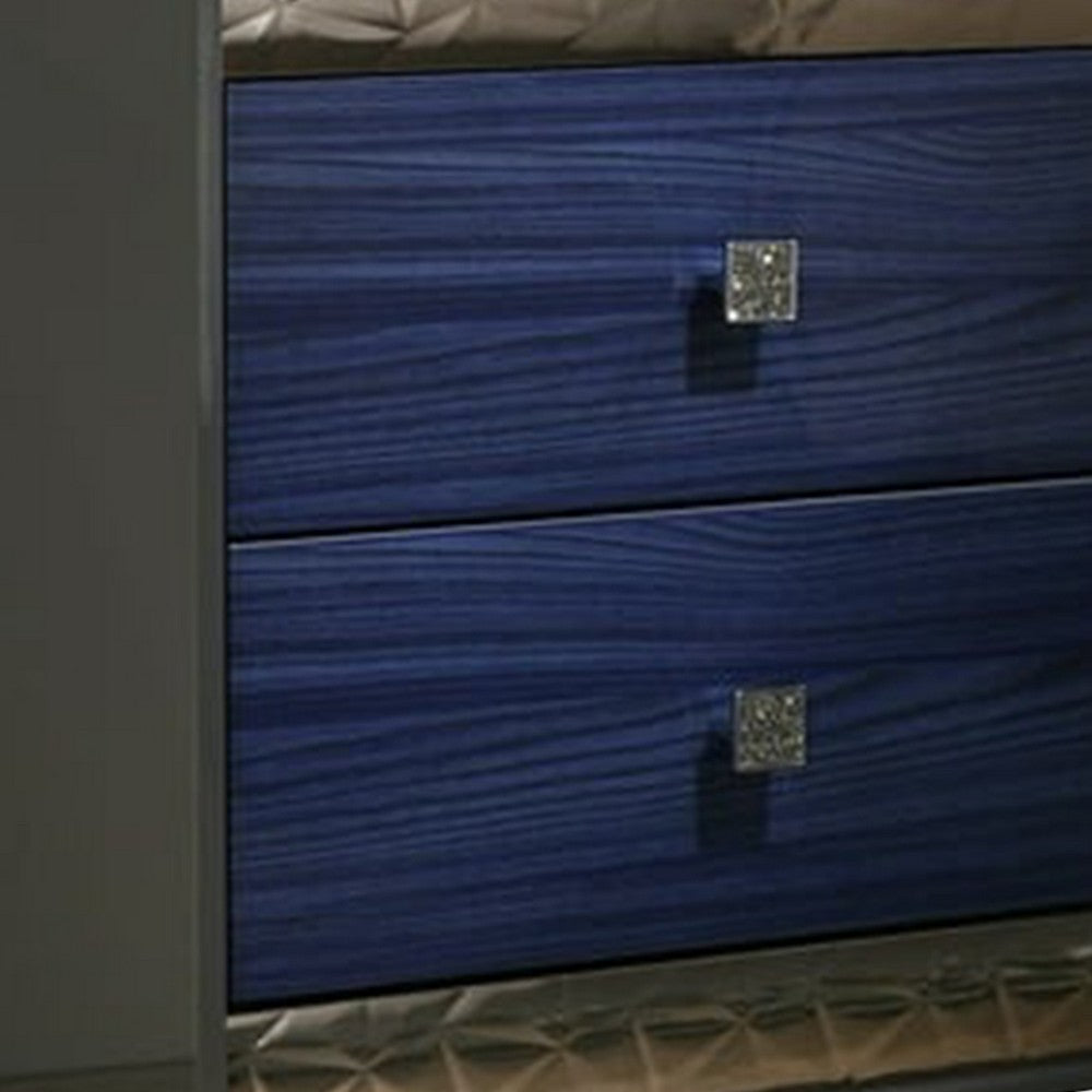 Queen Bedroom Set, Ash Gray, Indigo Blue, Chrome Wood, 3 Piece Set with 2 Nightstands